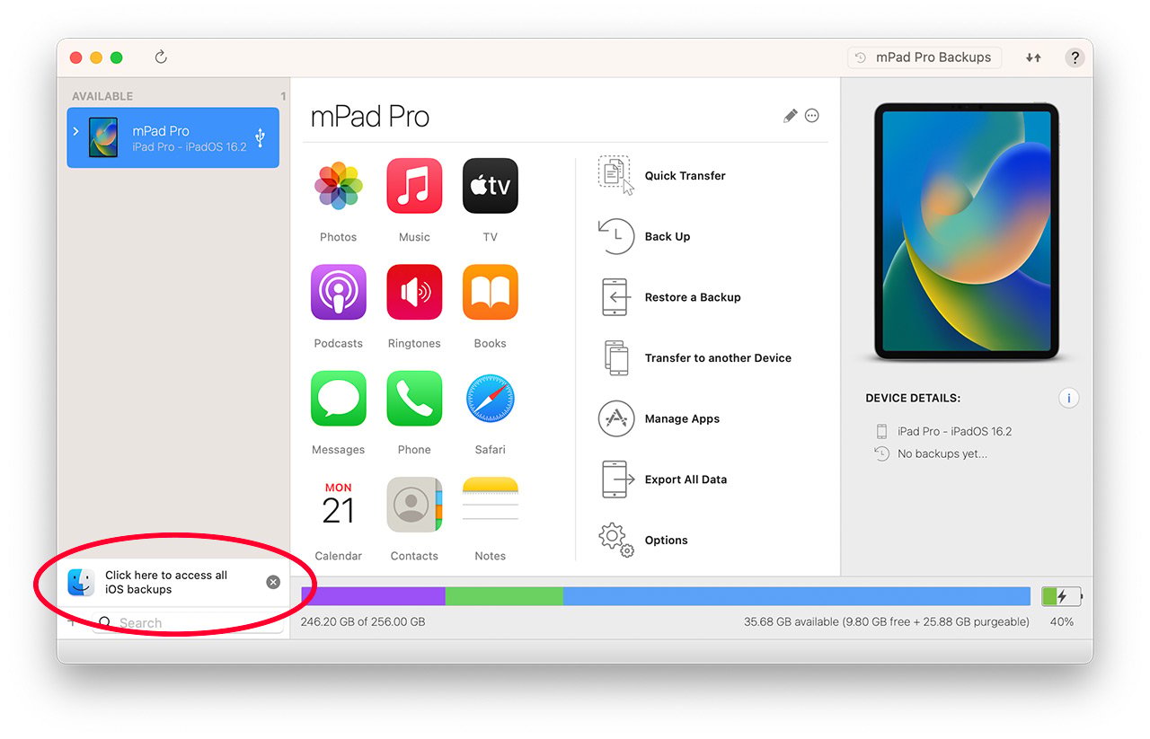 iMazing Home Screen with Finder Backup Access Button