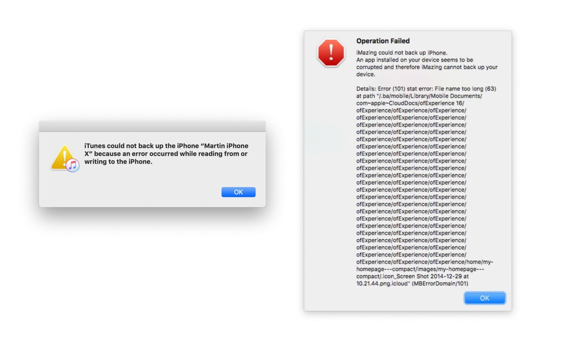 unhelpful versus helpful iOS backup error messages