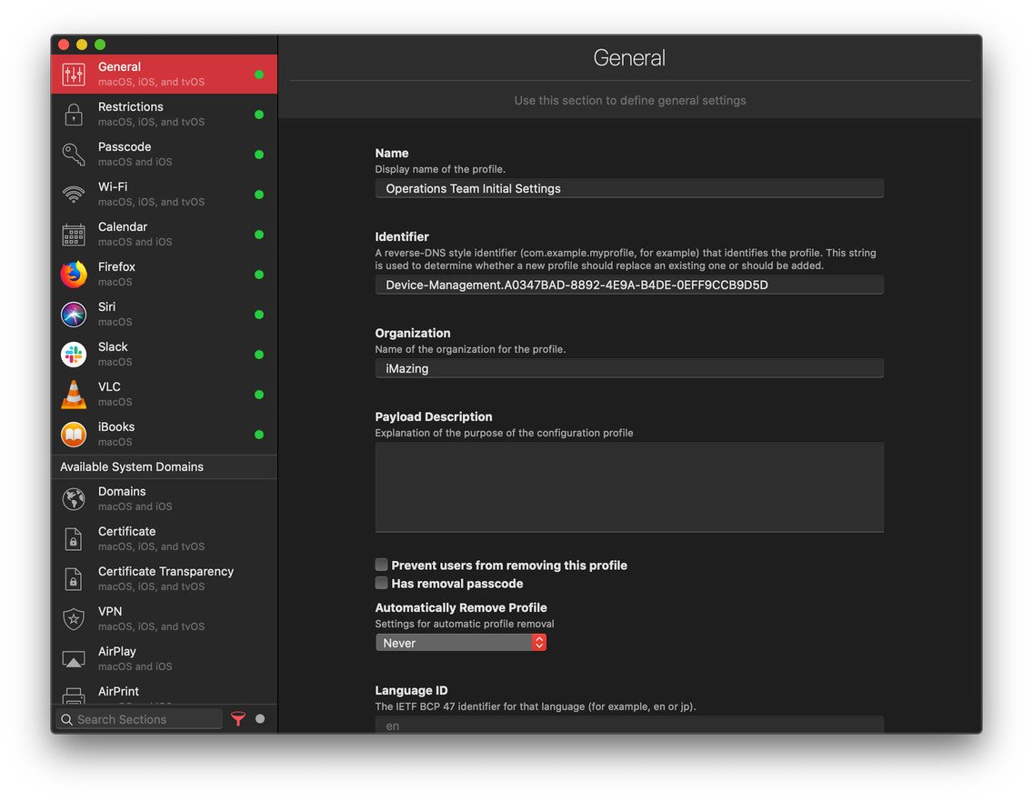iMazing Profile Editor general preferences page