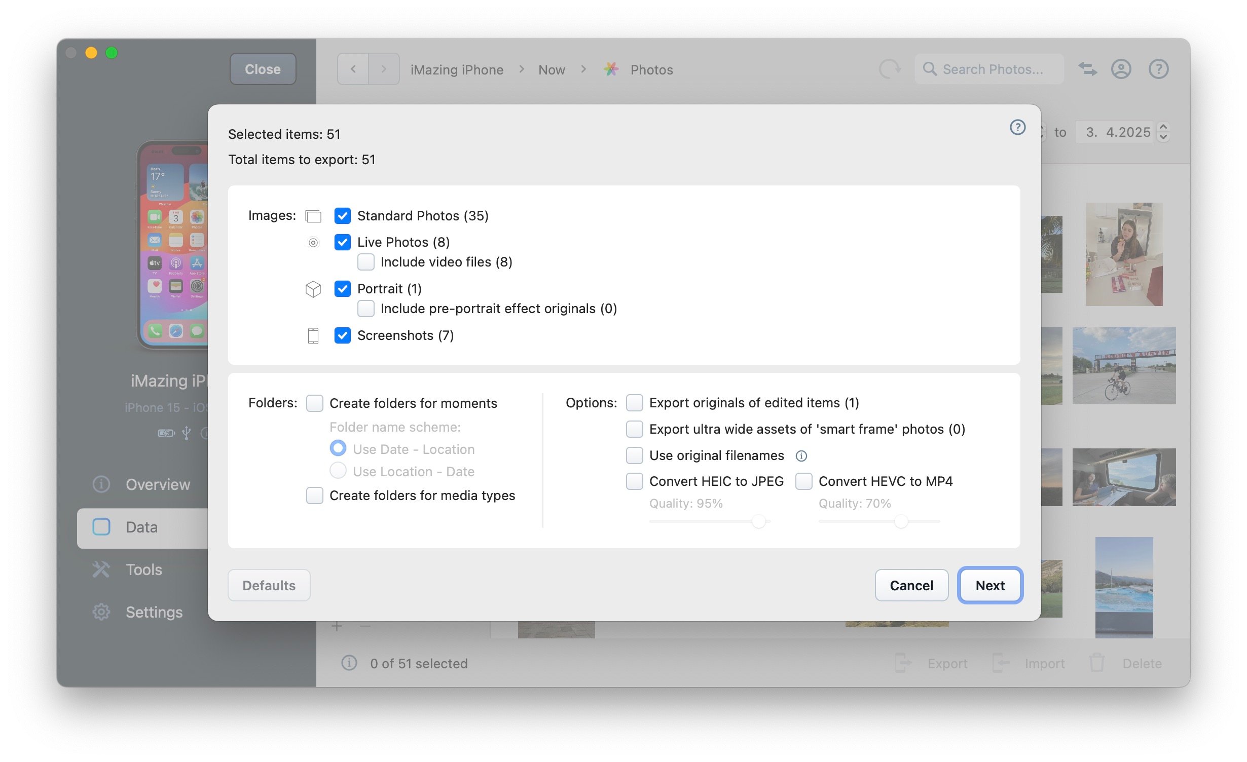 iMazing Photos, Export Options