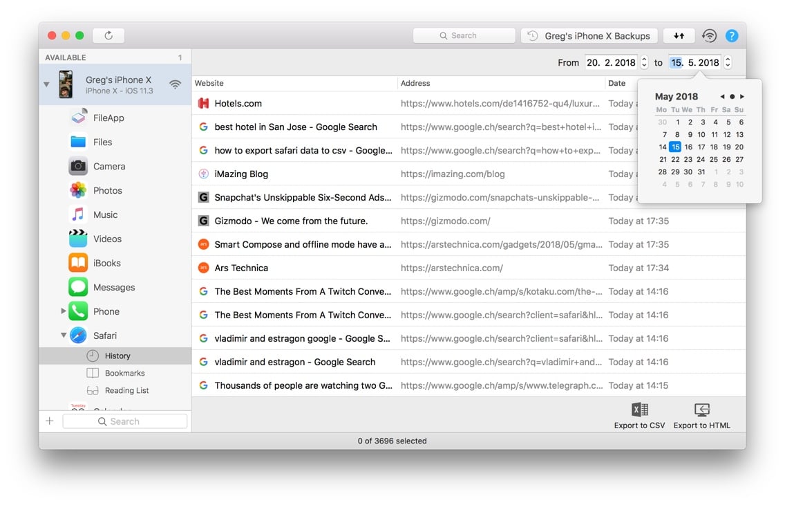 iMazing Safari History Screenshot