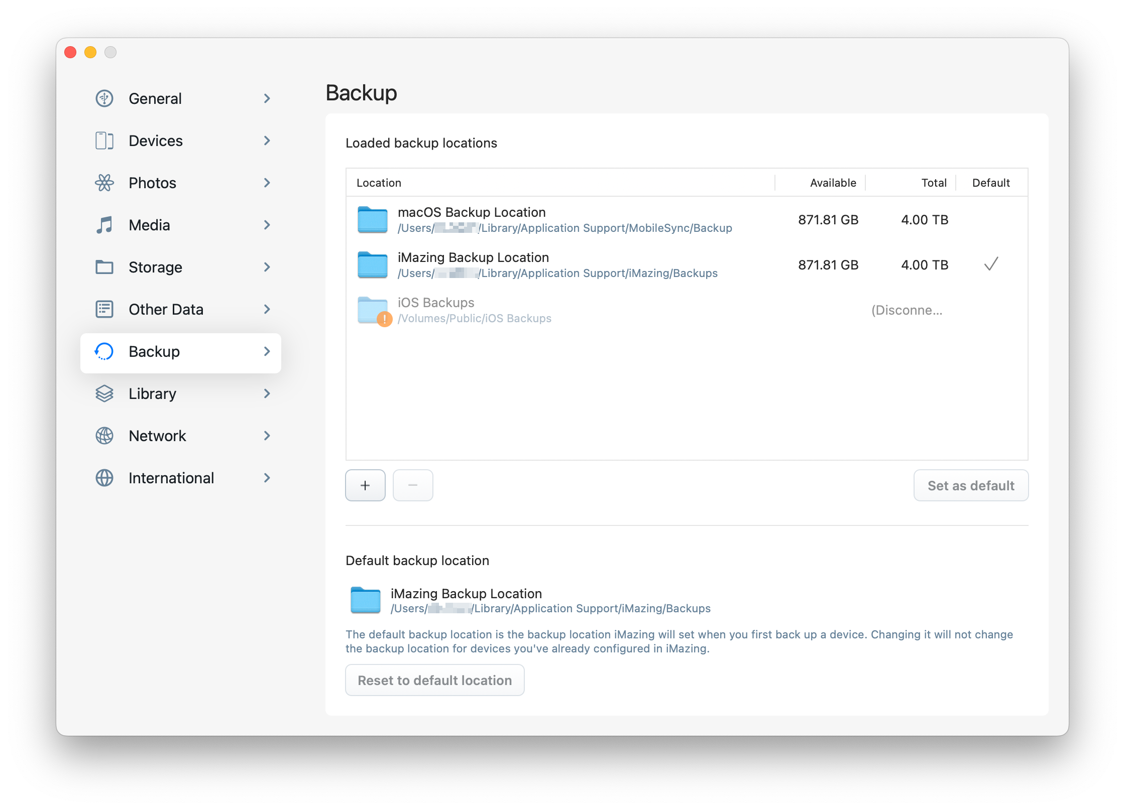 iMazing Backup Location Preferences
