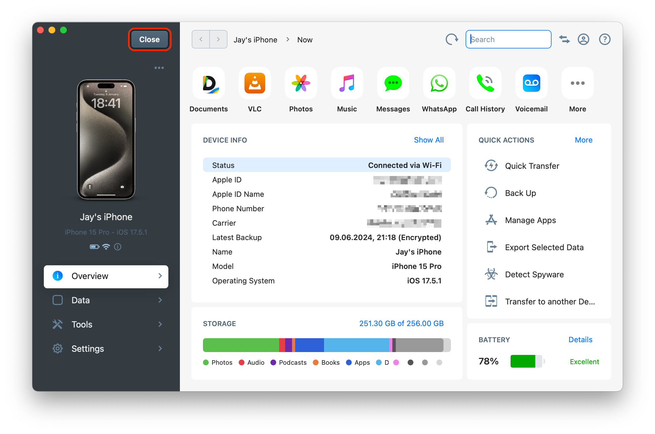 iMazing 3 Close Device Button