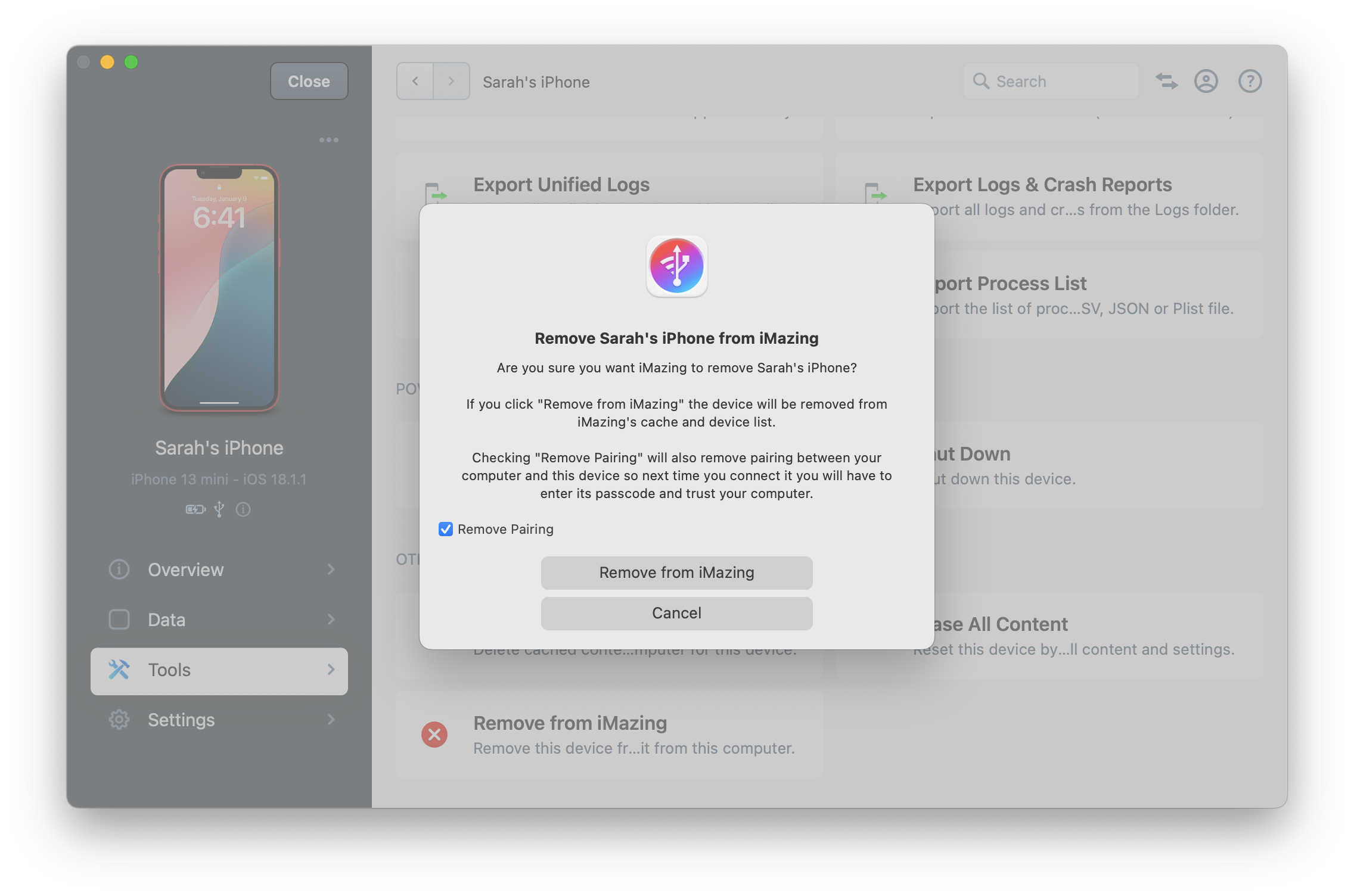 iMazing's Remove Device from iMazing dialog box