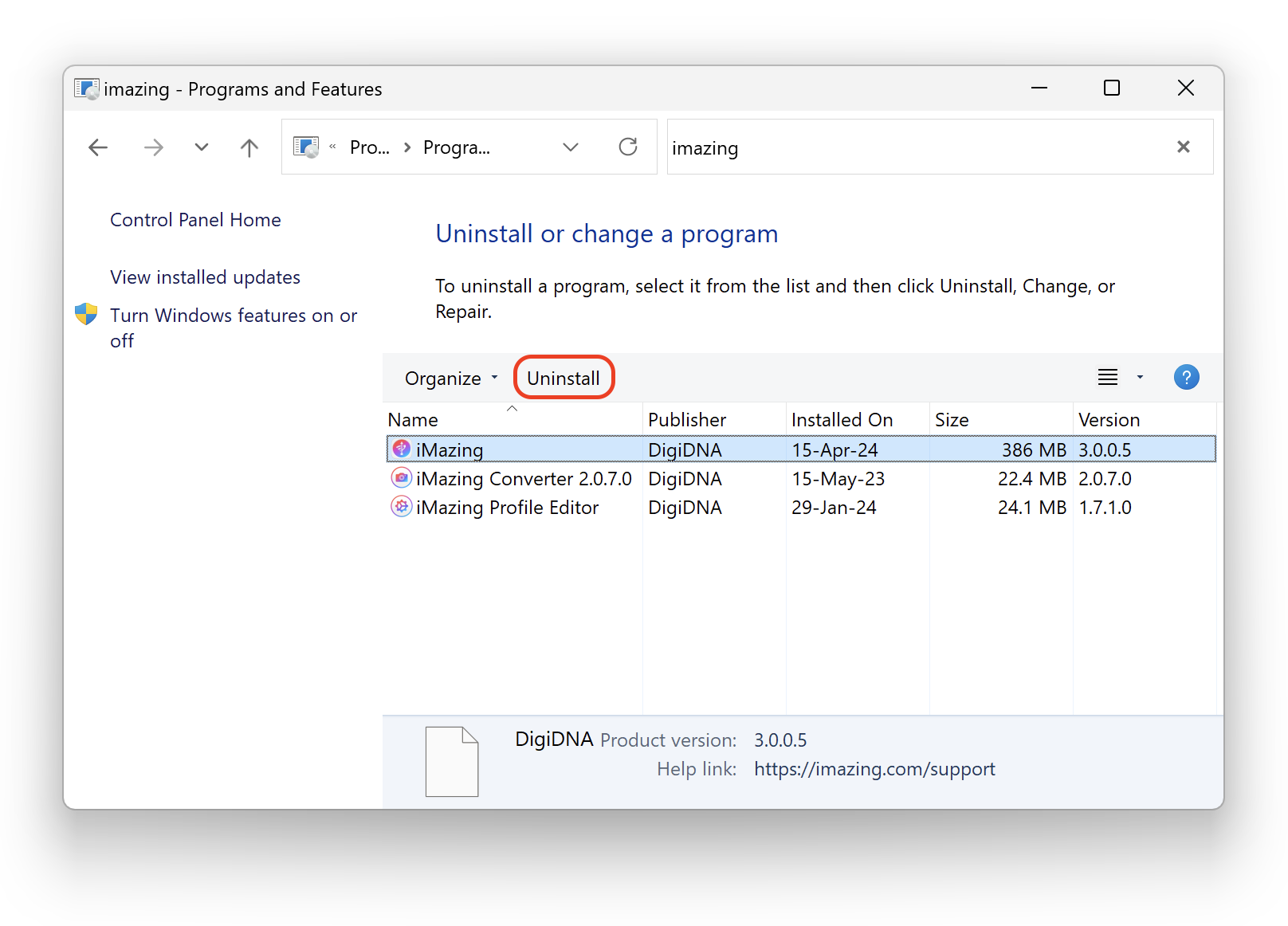 Windows Control Panel - With iMazing selected, Click Uninstall