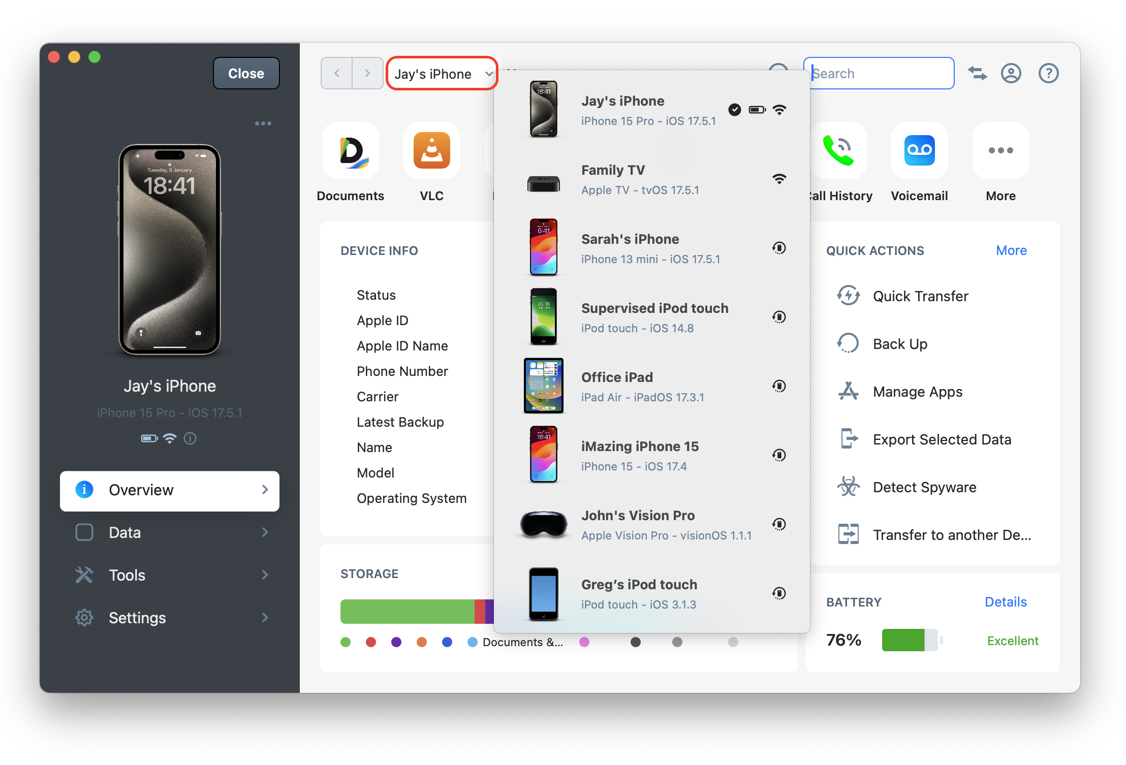 iMazing 3 Devices Menu