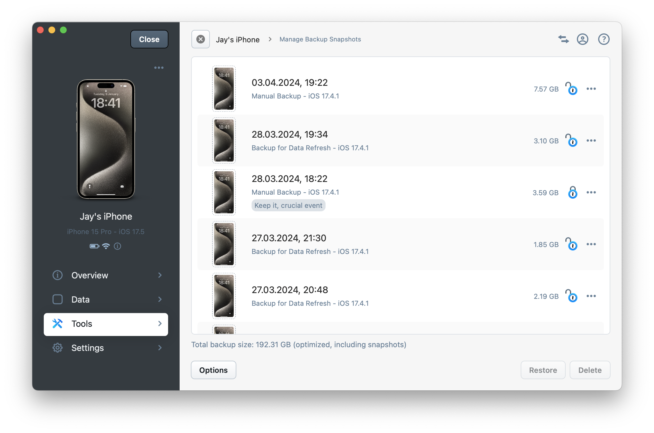iMazing 3 Device Settings - Manage Backup Snapshots View