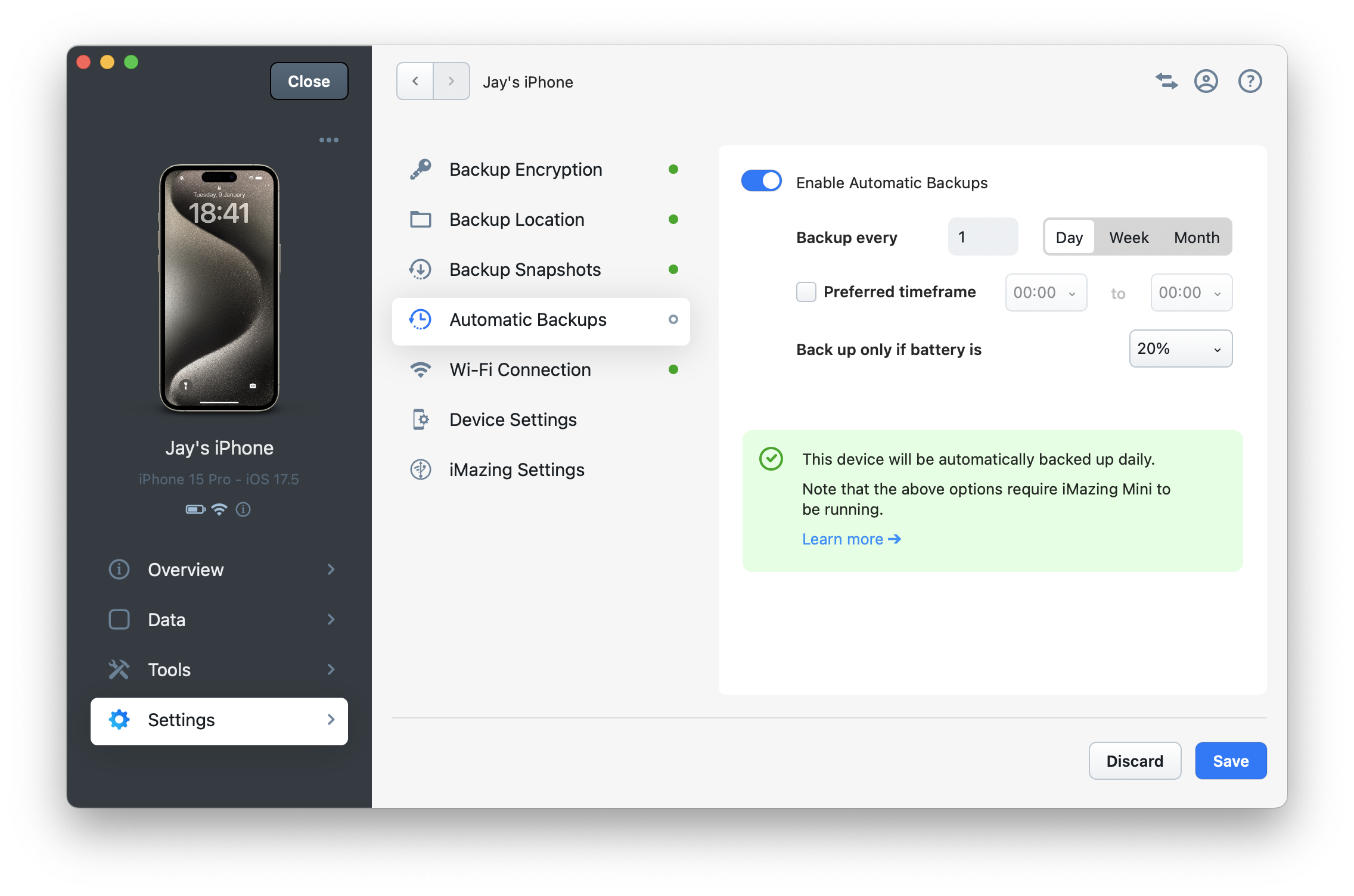 iMazing 3 Device Settings - Automatic Backups