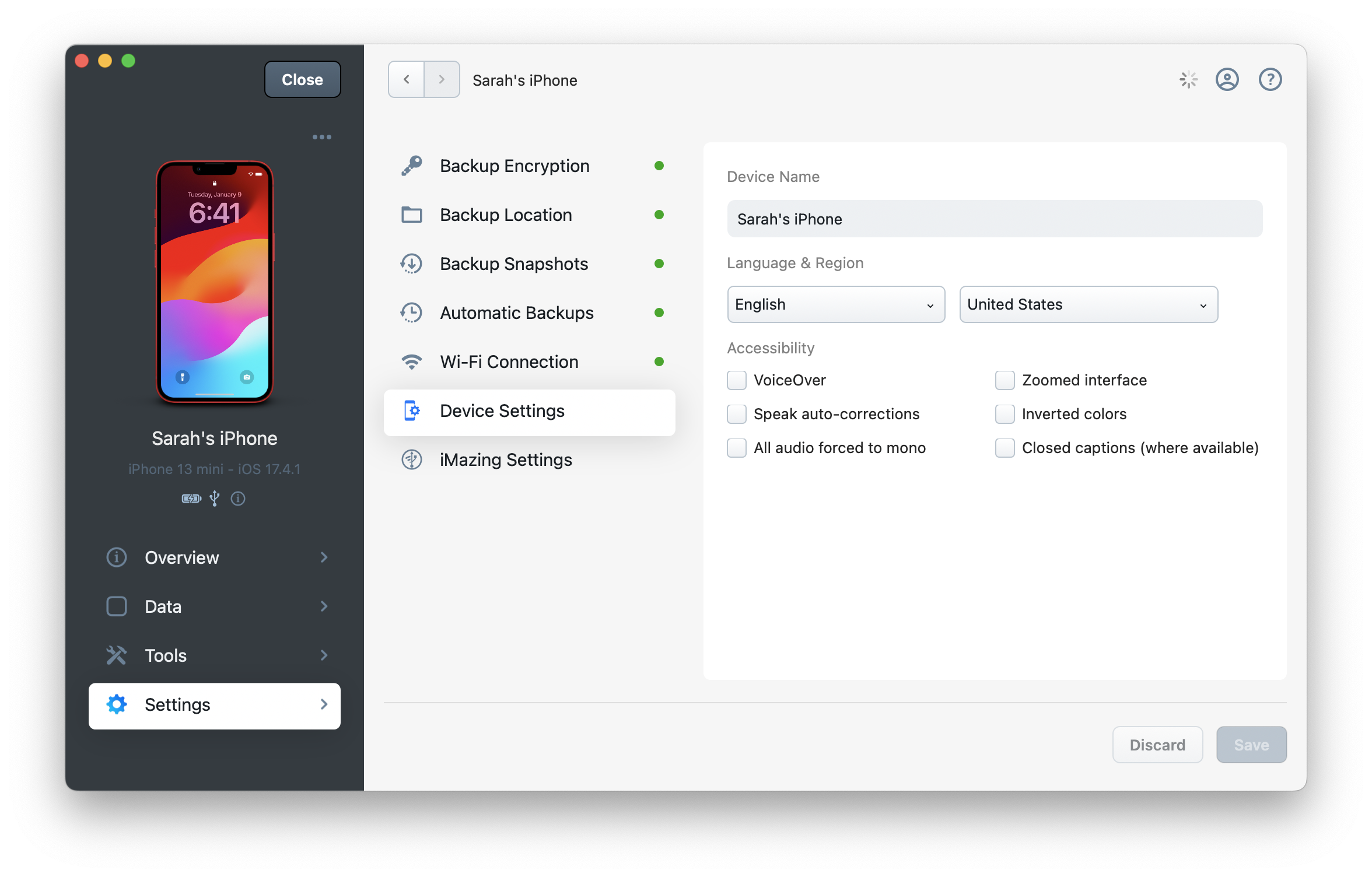 iMazing 3 Device Settings - Manage Device Settings