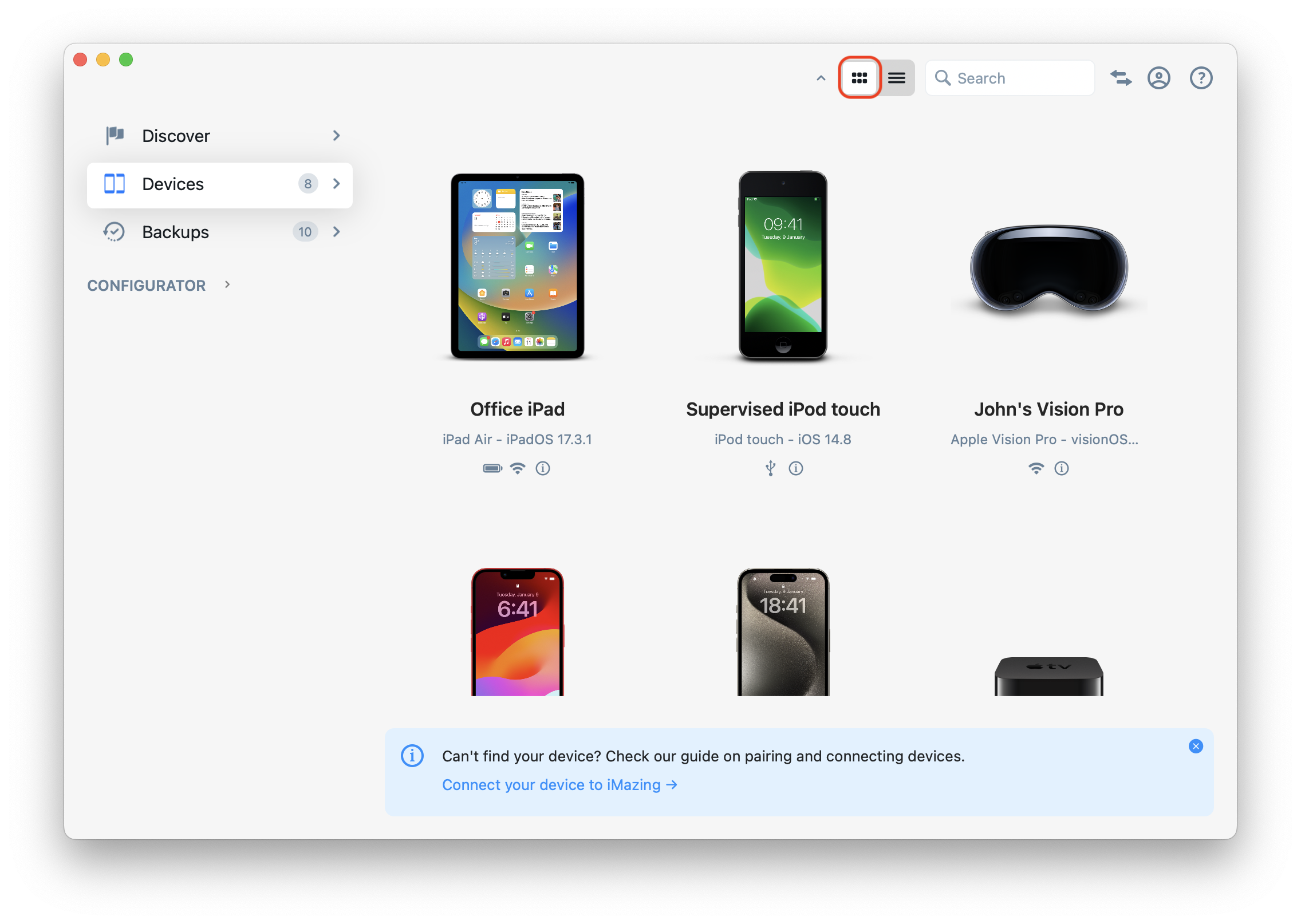 iMazing 3 Home Screen - Devices Grid View