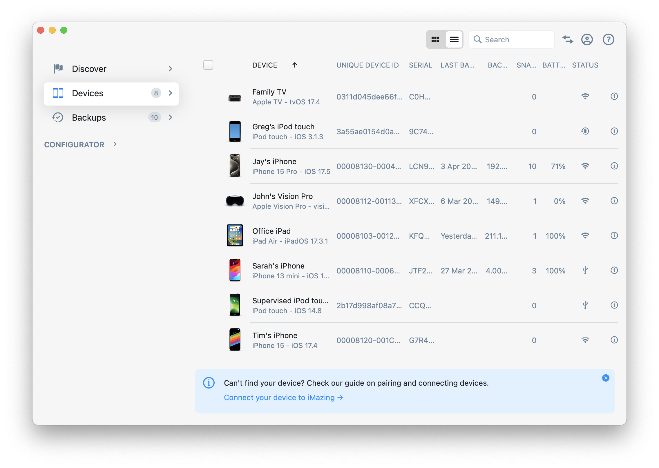 iMazing 3 Devices List View