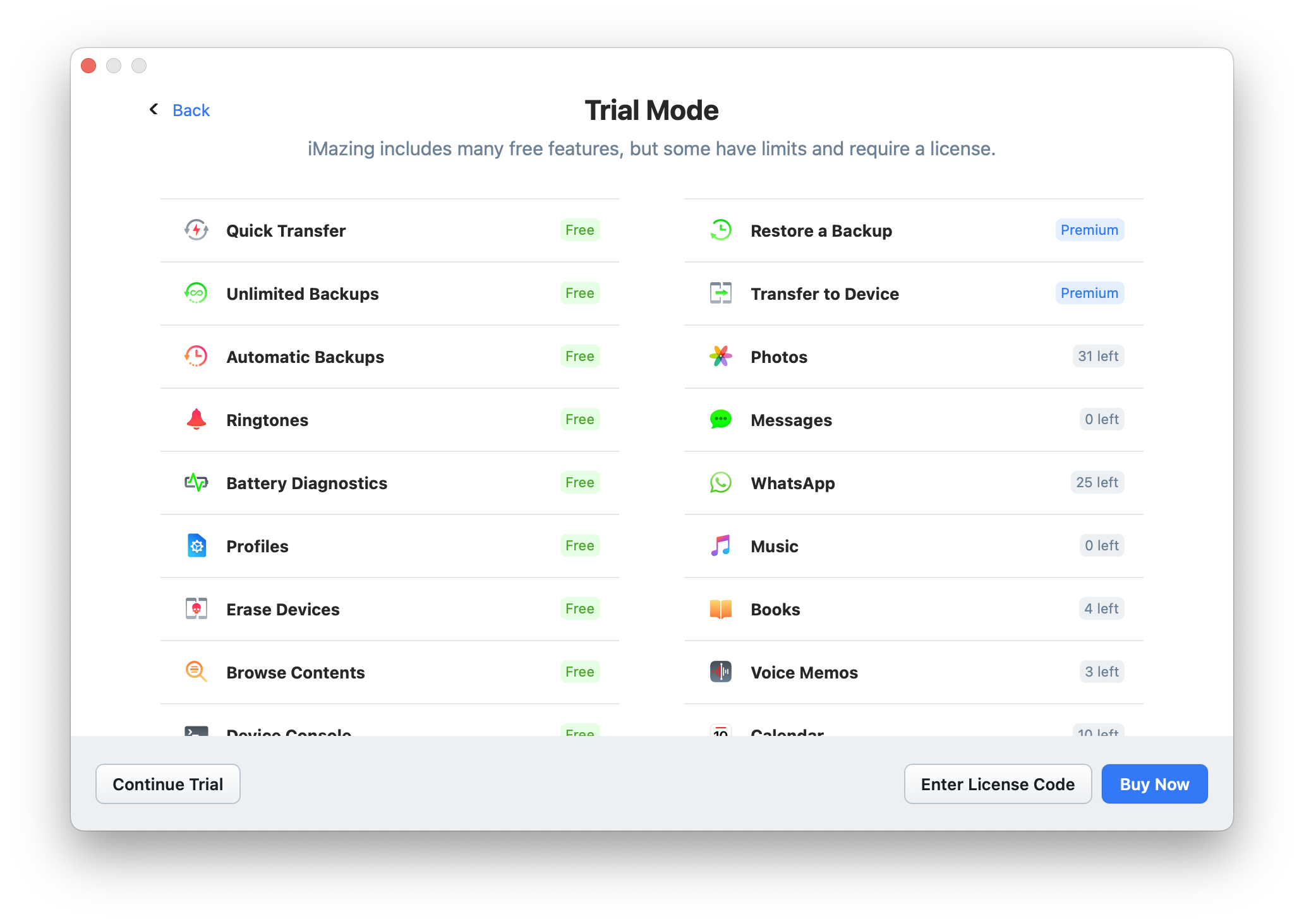 iMazing Welcome Screen - Trial Mode