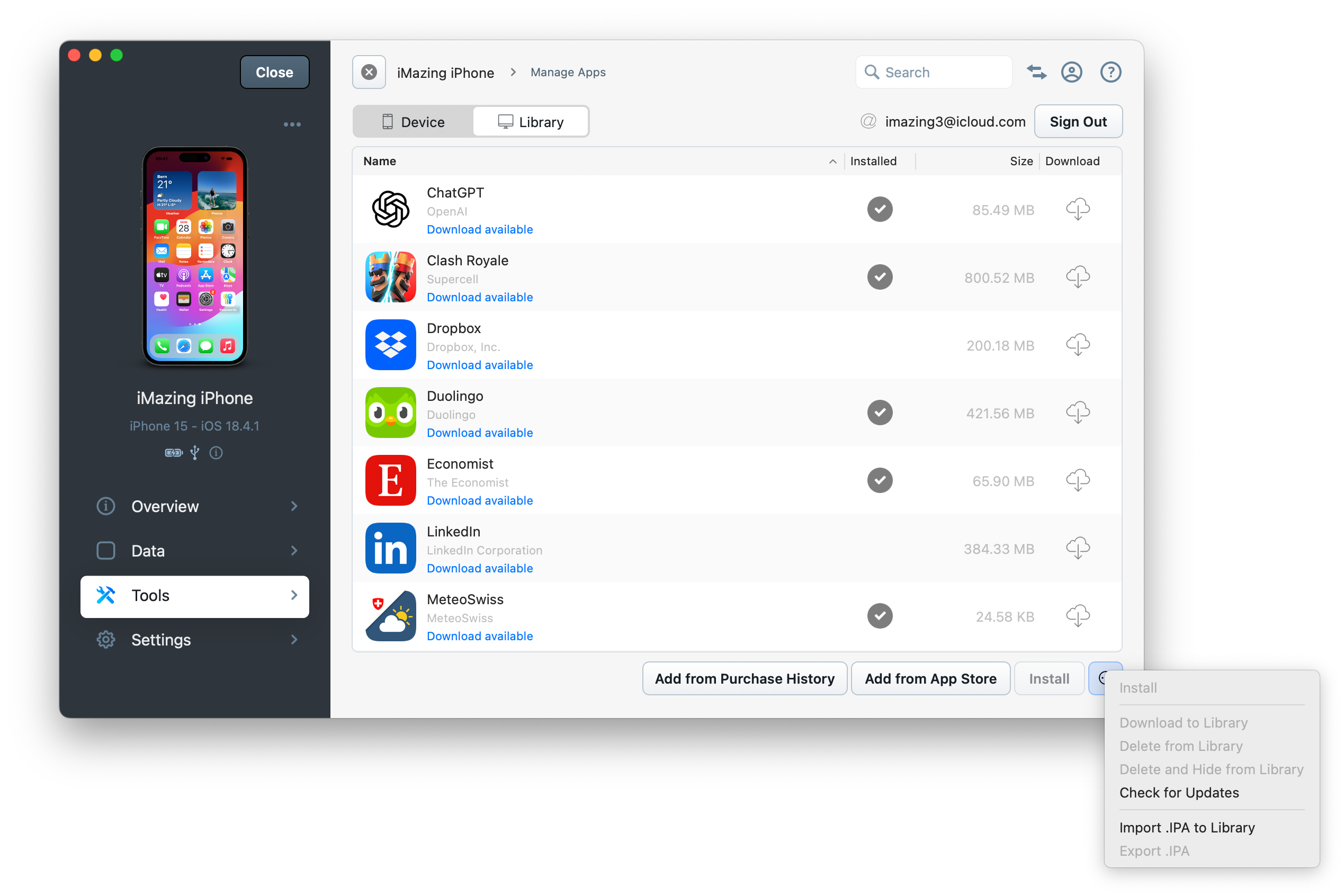 App Updates in iMazing's App Library view