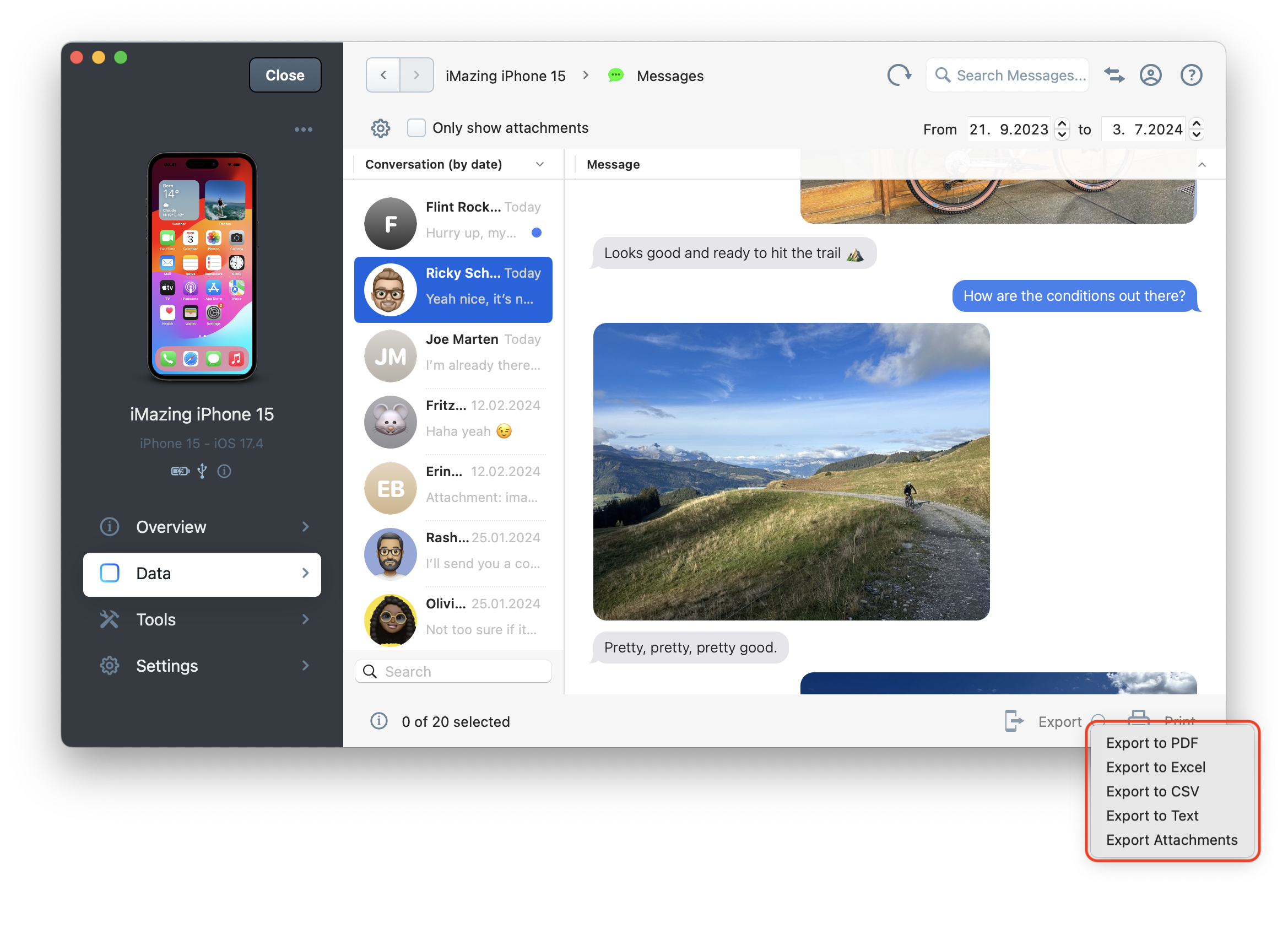 iMazing's Messages View, highlighted export buttons