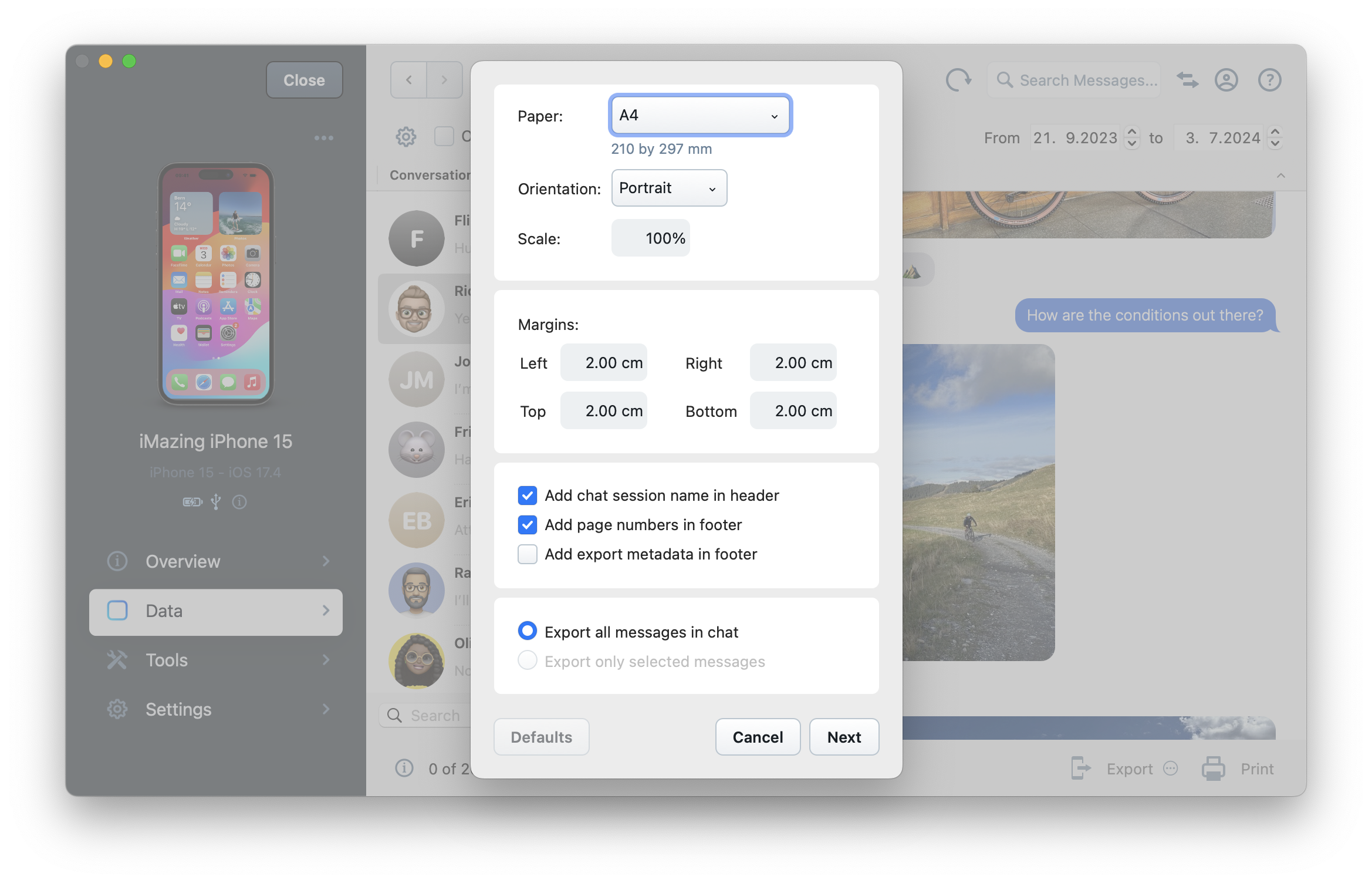 iMazing Messages view, Print Options