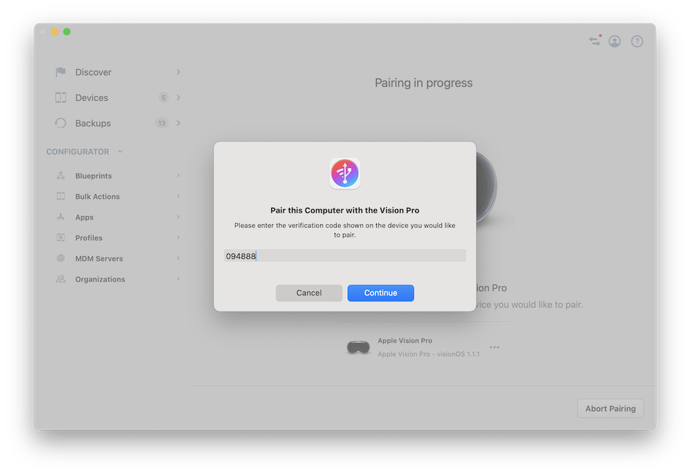 Enter Pairing Verification Code in iMazing