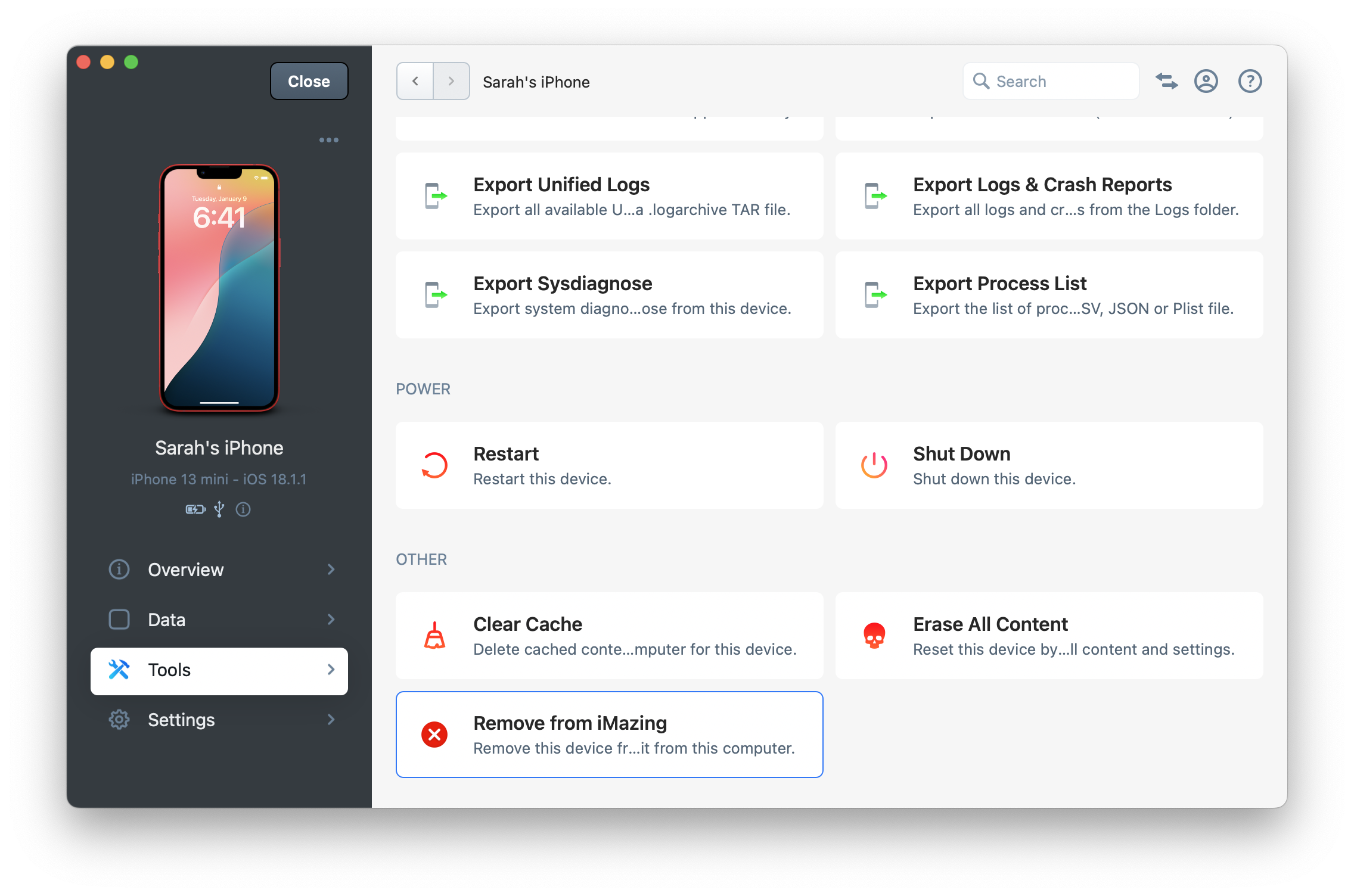 iMazing's sidebar contextual menu with Remove Device from iMazing selected