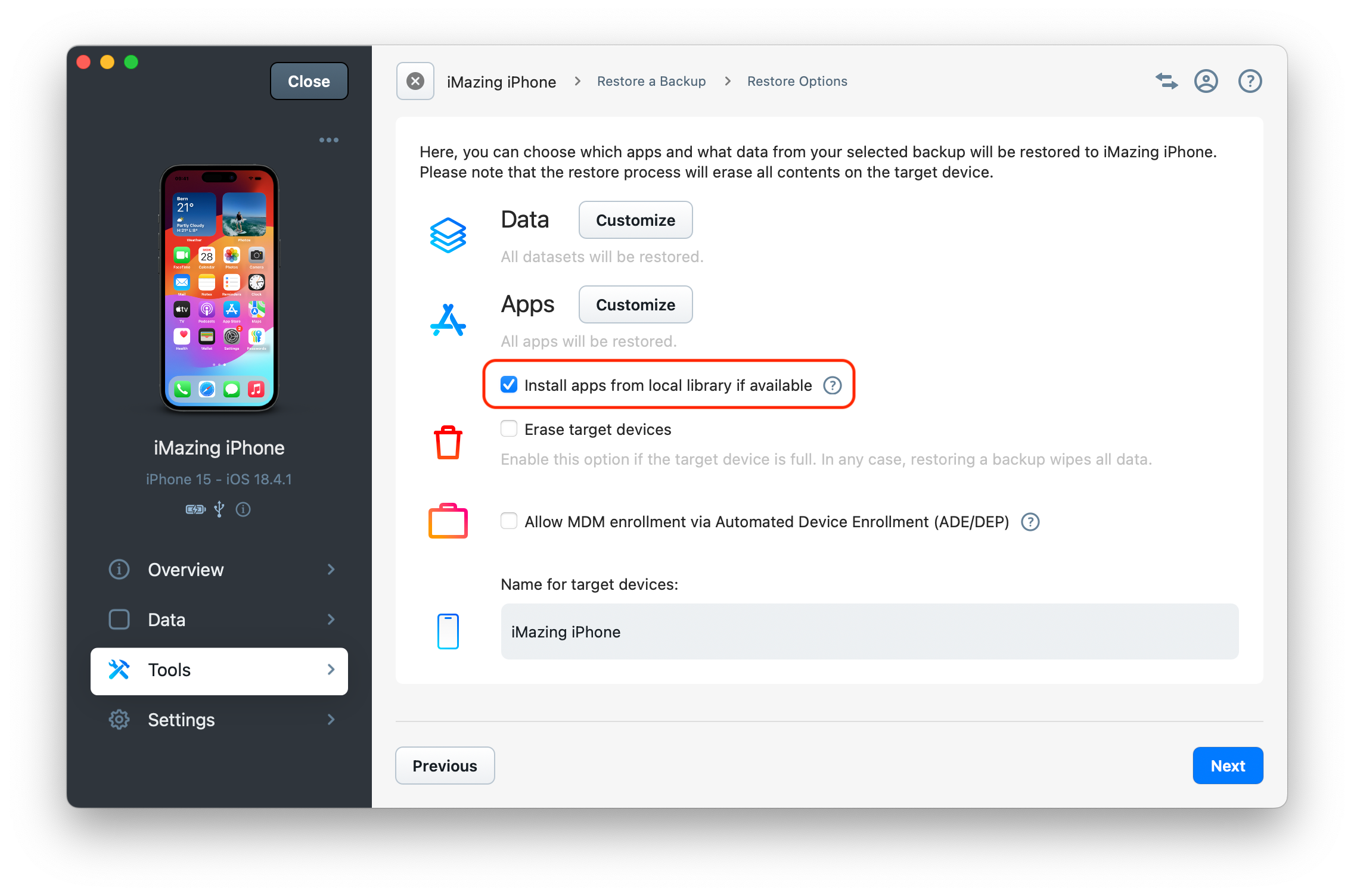 iMazing Restore Options