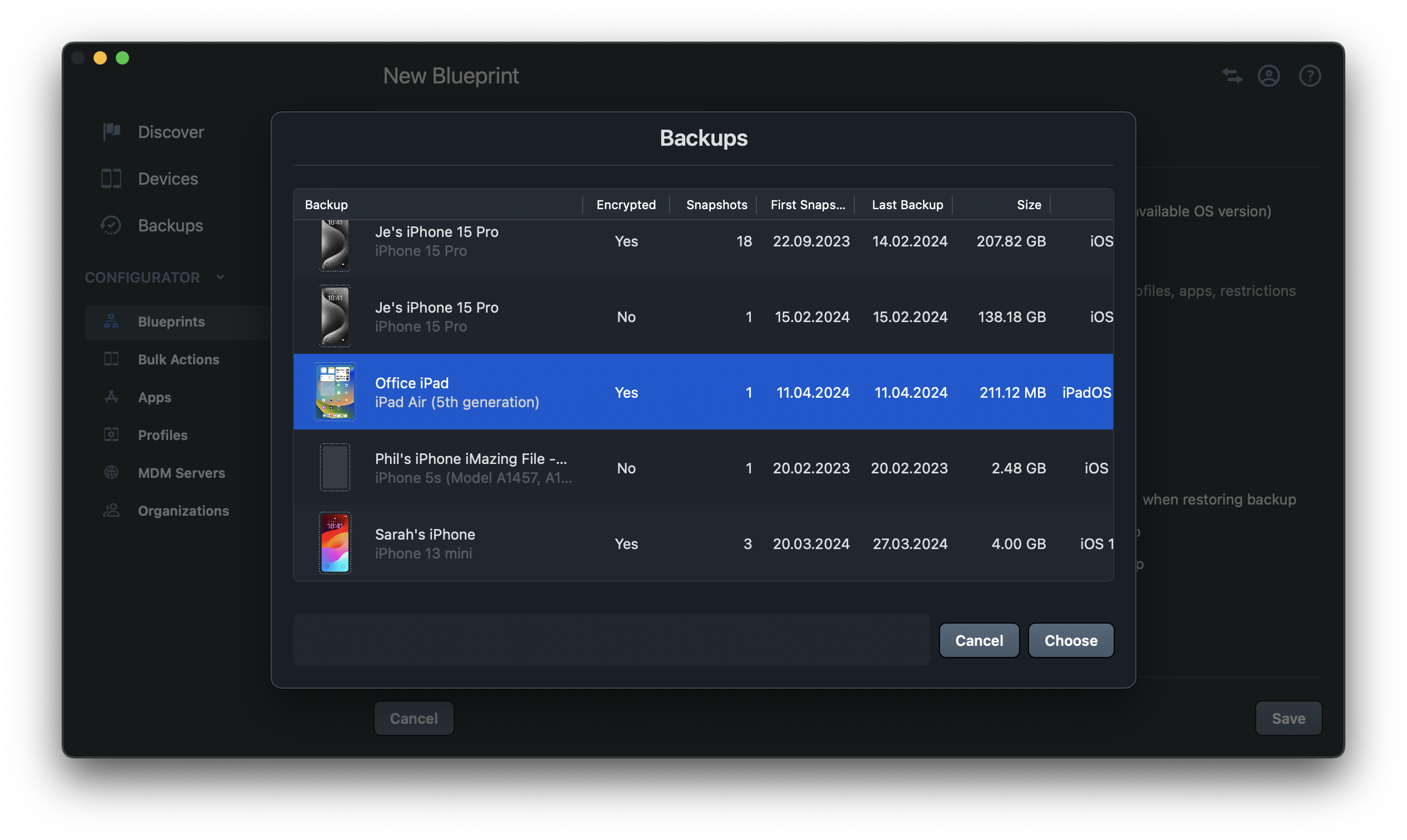 Choose the backup to restore