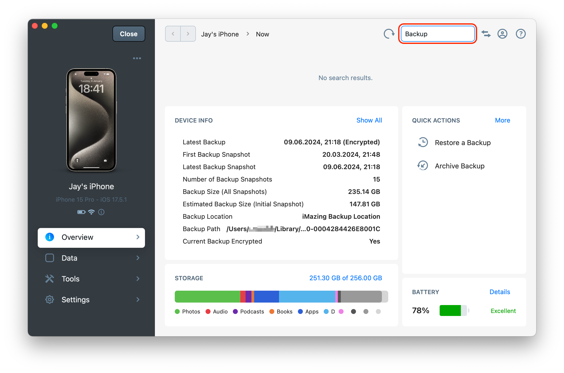 iMazing 3 Search Field