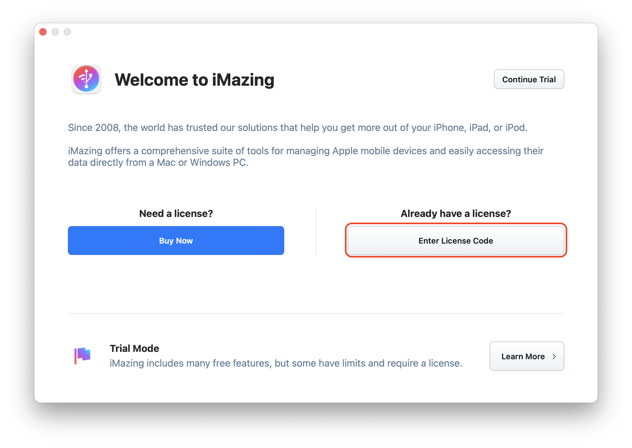 iMazing Welcome Screen